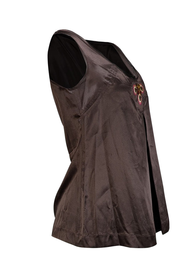 Tory Burch - Brown Silk Sleeveless Jewel Detail Top Sz 4 - Current Boutique