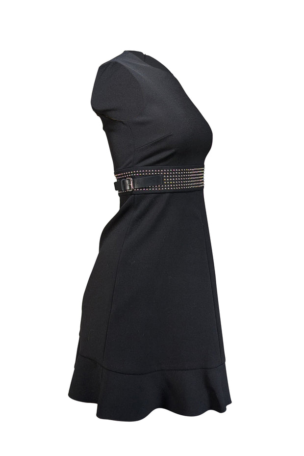 Red Valentino - Black Sleeveless Dress w/ Silver Studded Built In Belt Sz 2 - Current Boutique