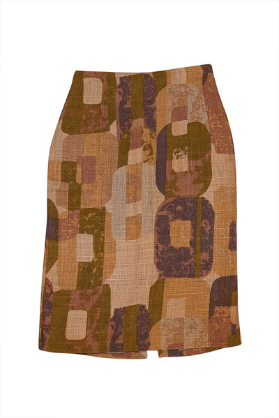 Ports 1961 - Beige Linen Multi Abstract Print Linen Skirt Sz 2 - Current Boutique