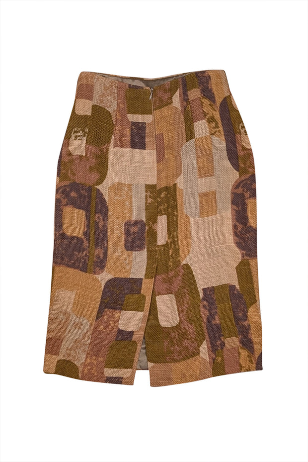Ports 1961 - Beige Linen Multi Abstract Print Linen Skirt Sz 2 - Current Boutique