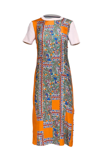 Tory Burch - Orange & Multi Color Bird Print Short Sleeve Dress Sz Ribbed Knit Detail Sz XS - Current Boutique