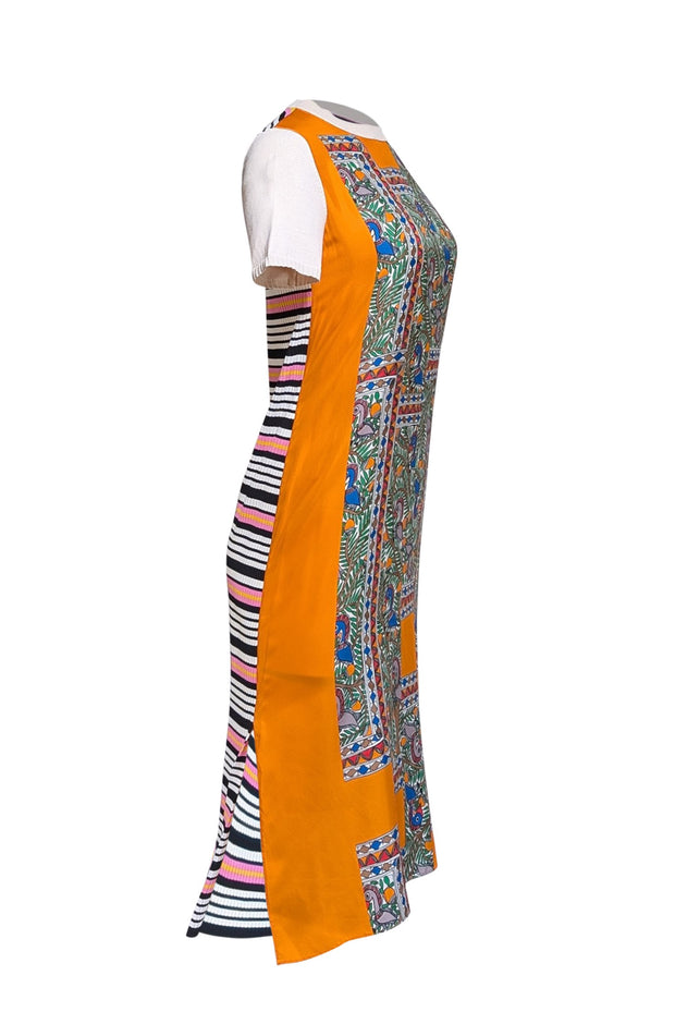 Tory Burch - Orange & Multi Color Bird Print Short Sleeve Dress Sz Ribbed Knit Detail Sz XS - Current Boutique