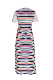 Tory Burch - Orange & Multi Color Bird Print Short Sleeve Dress Sz Ribbed Knit Detail Sz XS - Current Boutique