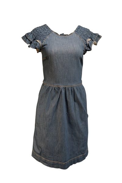 Red Valentino - Medium Wash Blue Denim Smocked Ruffle Cap Sleeve Dress Sz M - Current Boutique