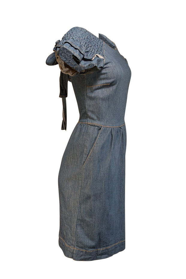 Red Valentino - Medium Wash Blue Denim Smocked Ruffle Cap Sleeve Dress Sz M - Current Boutique