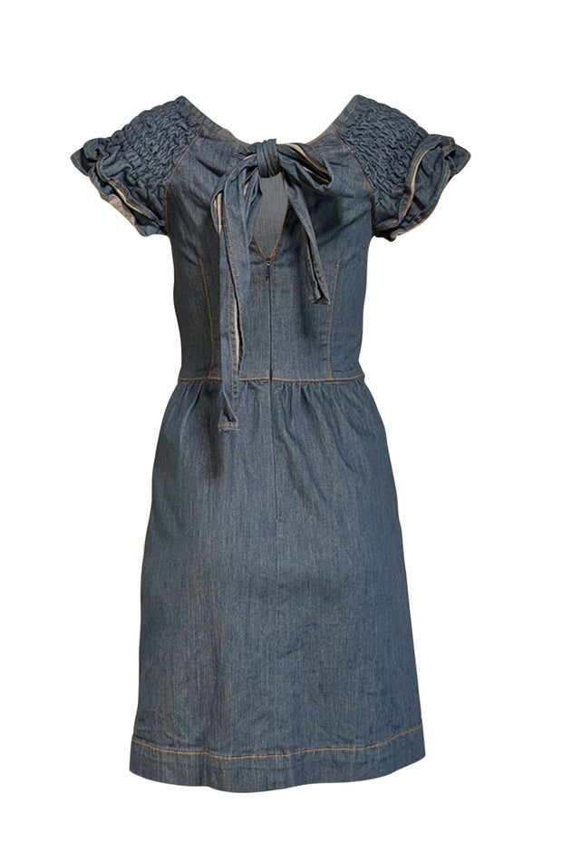 Red Valentino - Medium Wash Blue Denim Smocked Ruffle Cap Sleeve Dress Sz M - Current Boutique