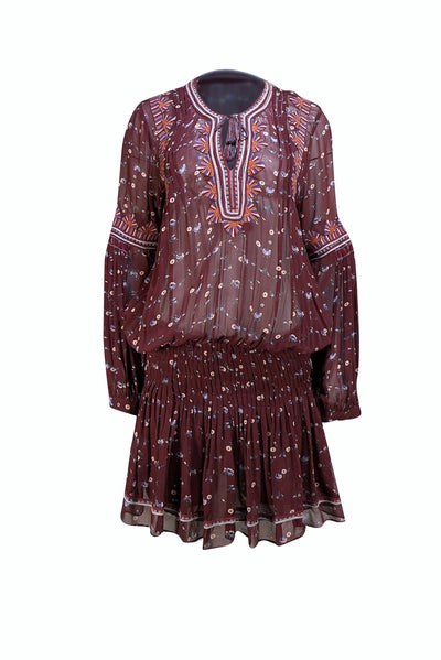 Ulla Johnson - Maroon Floral & Embroidered Smocked Waist Dress Sz 4
