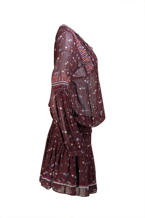 Ulla Johnson - Maroon Floral & Embroidered Smocked Waist Dress Sz 4