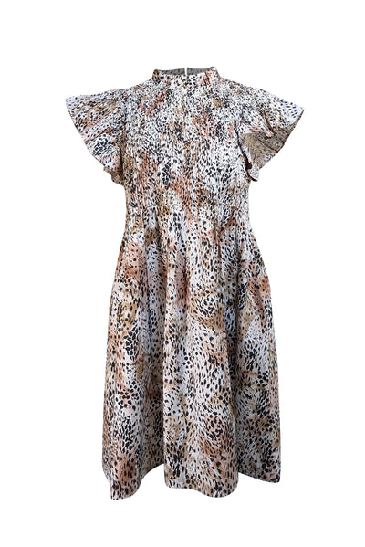 Sea NY - Beige, White, & Black Leopard Print Smocked Dress Sz XS