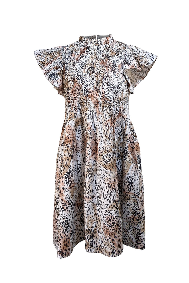 Sea NY - Beige, White, & Black Leopard Print Smocked Dress Sz XS