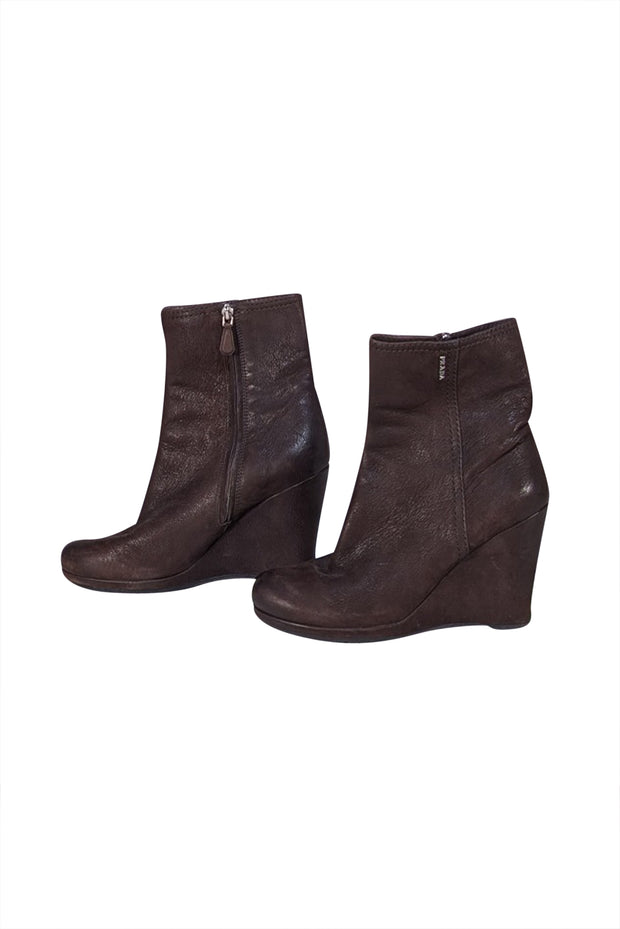 Prada - Brown Suede Wedge Short Boots Sz 8.5