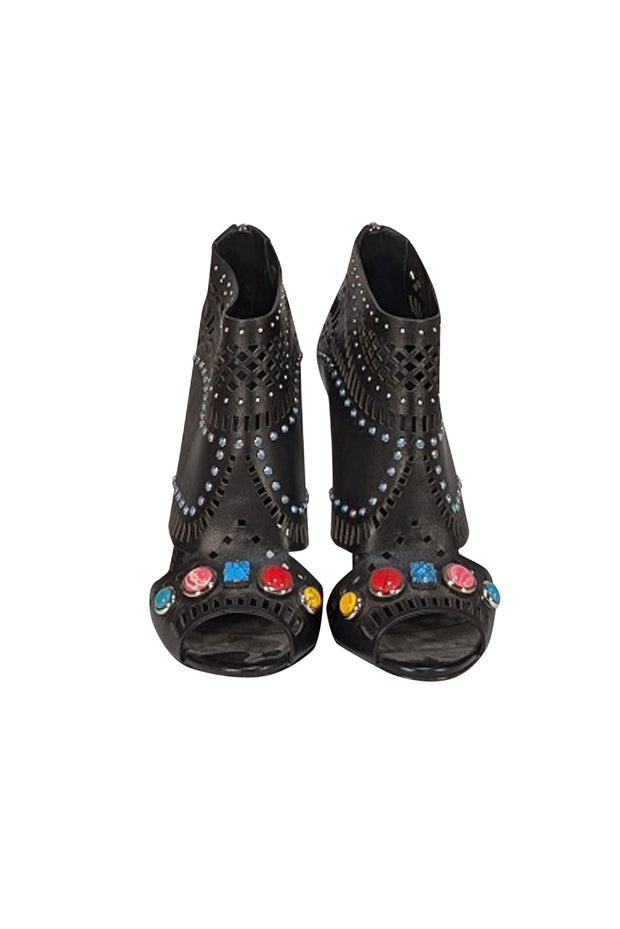 Gucci - Black Leather Perforated Gemstone Trim Heels Sz 8 - Current Boutique