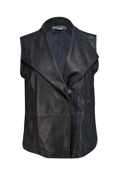 Vince - Black Leather Moto Zipper Vest Sz M - Current Boutique