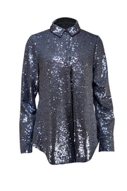 Cinq a Sept - Blue Sequin Button Front Long Sleeve "Isha" Top Sz L - Current Boutique