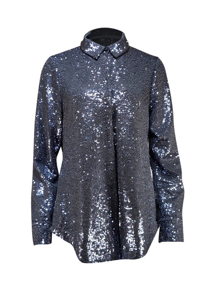 Cinq a Sept - Blue Sequin Button Front Long Sleeve "Isha" Top Sz L - Current Boutique