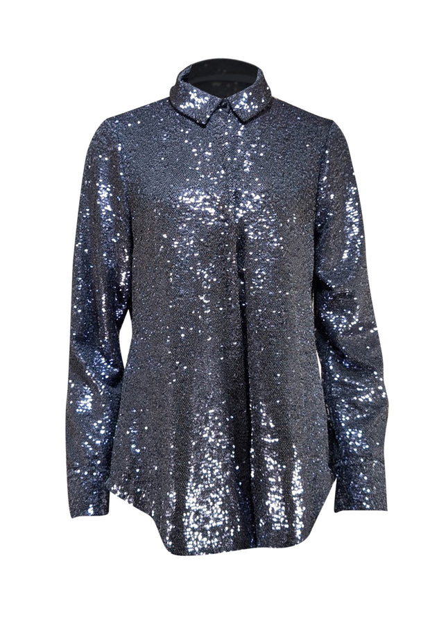 Cinq a Sept - Blue Sequin Button Front Long Sleeve "Isha" Top Sz L - Current Boutique