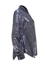 Cinq a Sept - Blue Sequin Button Front Long Sleeve "Isha" Top Sz L - Current Boutique