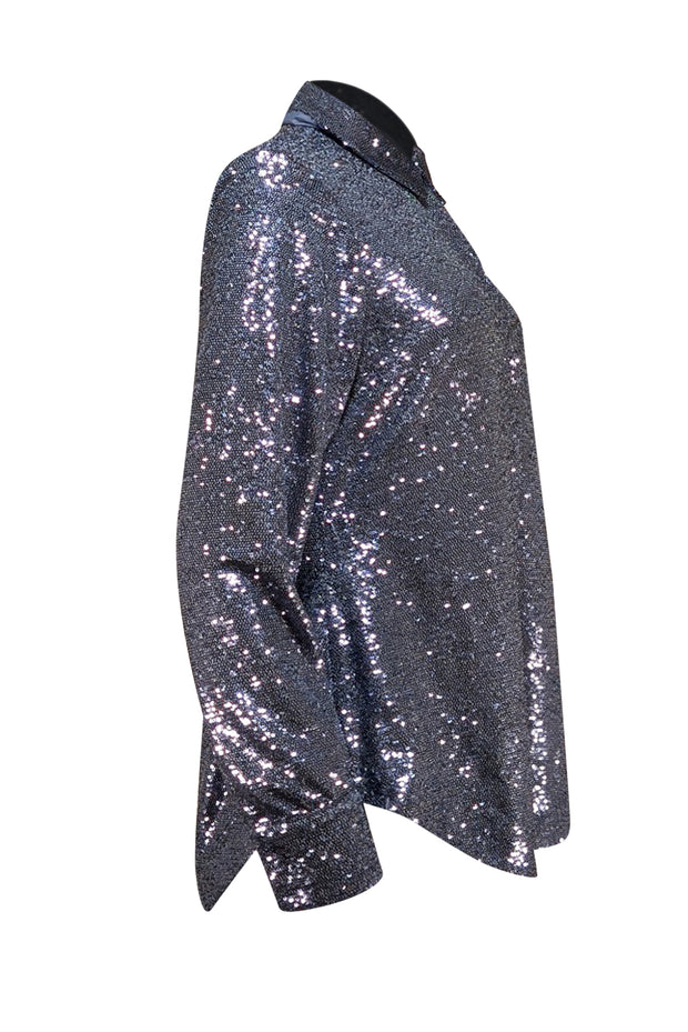 Cinq a Sept - Blue Sequin Button Front Long Sleeve "Isha" Top Sz L - Current Boutique