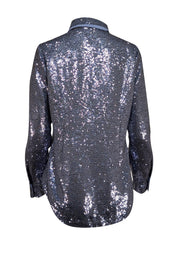 Cinq a Sept - Blue Sequin Button Front Long Sleeve "Isha" Top Sz L - Current Boutique