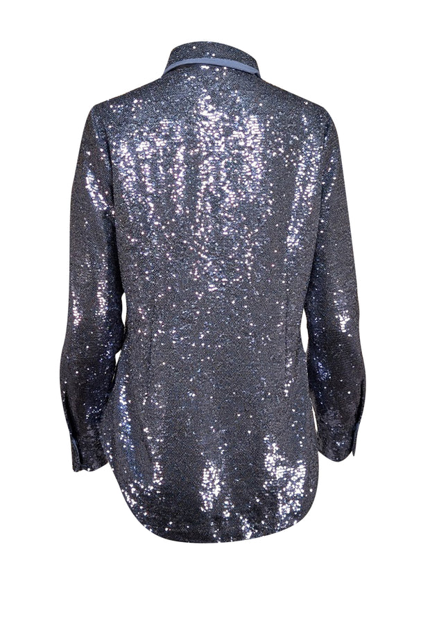 Cinq a Sept - Blue Sequin Button Front Long Sleeve "Isha" Top Sz L - Current Boutique