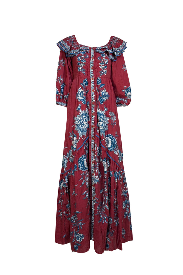 Farm Rio - Dark Red & Blue Print Maxi Dress Sz XS