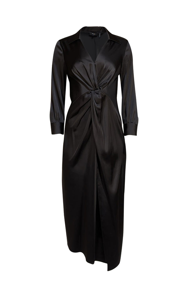 Theory - Black "Twist in Satin" Midi Dress Sz 4 - Current Boutique
