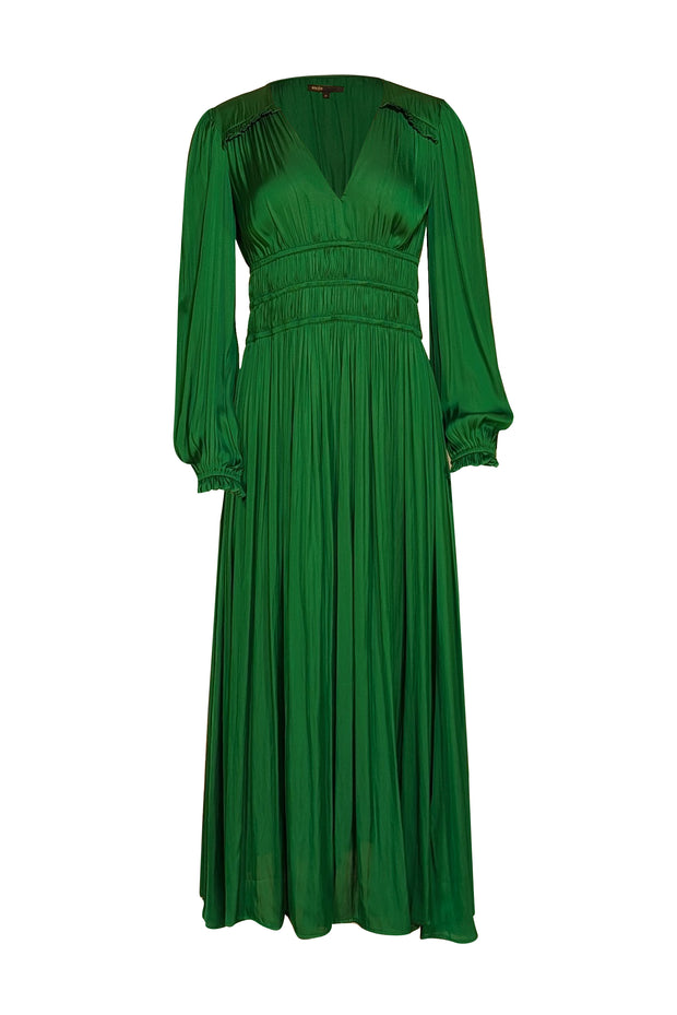 Maje - Green V-neckline Long Pleated Maxi Dress Sz 6 - Current Boutique