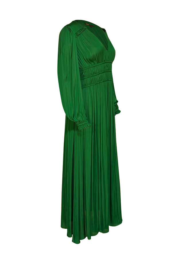 Maje - Green V-neckline Long Pleated Maxi Dress Sz 6 - Current Boutique