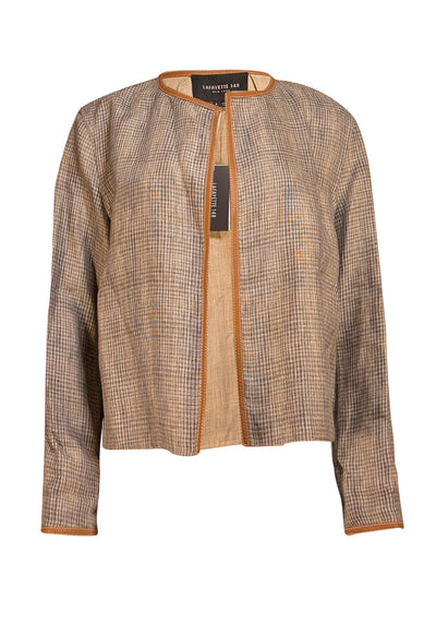 Lafayette 148 - Grey, Beige, & Tan Plaid Open Front Jacket Sz S - Current Boutique