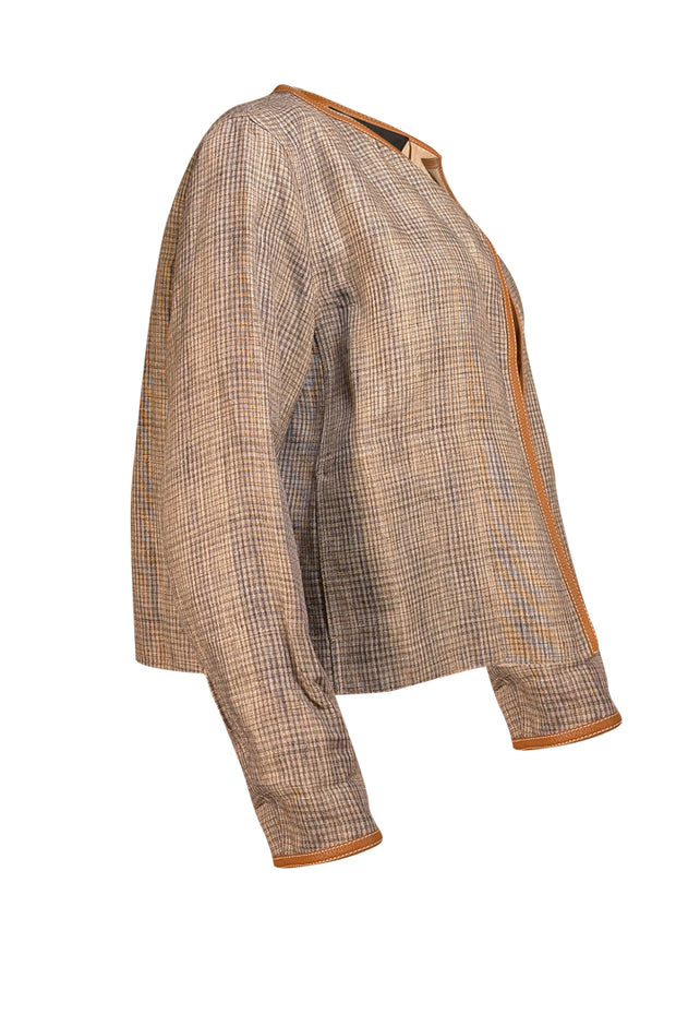 Lafayette 148 - Grey, Beige, & Tan Plaid Open Front Jacket Sz S - Current Boutique