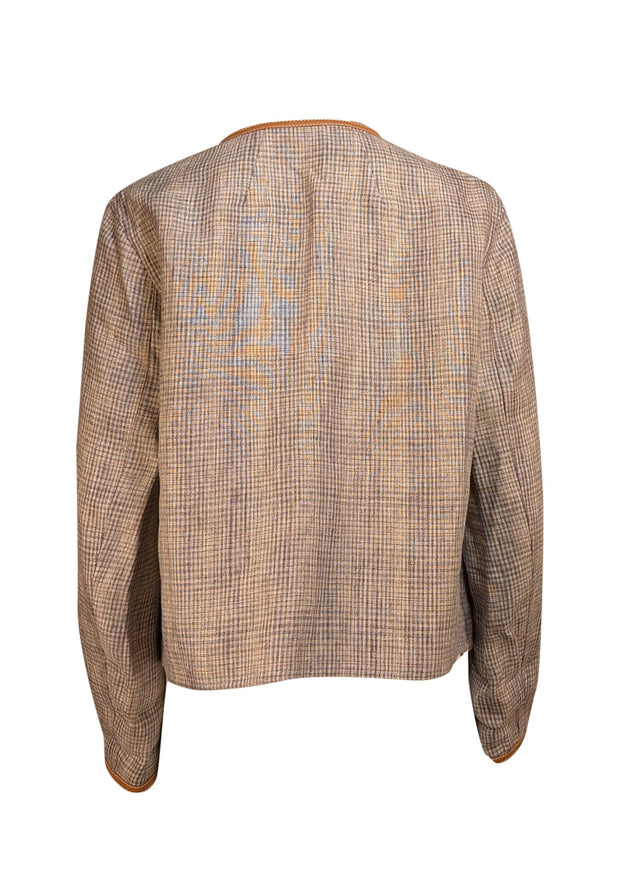 Lafayette 148 - Grey, Beige, & Tan Plaid Open Front Jacket Sz S - Current Boutique