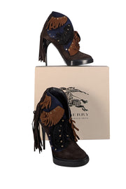 Burberry - Navy, Brown, & Black Suede Fringe Open Front Short Boots Sz 8 - Current Boutique