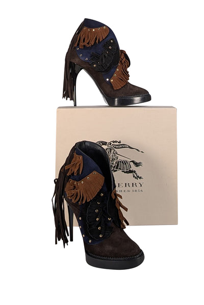Burberry - Navy, Brown, & Black Suede Fringe Open Front Short Boots Sz 8 - Current Boutique