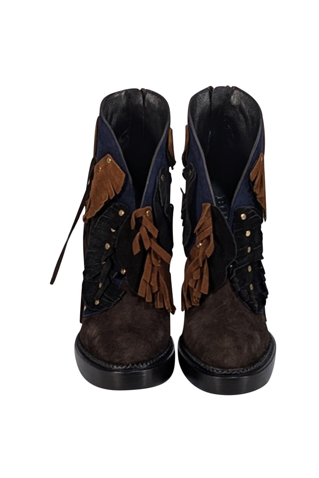 Burberry - Navy, Brown, & Black Suede Fringe Open Front Short Boots Sz 8 - Current Boutique