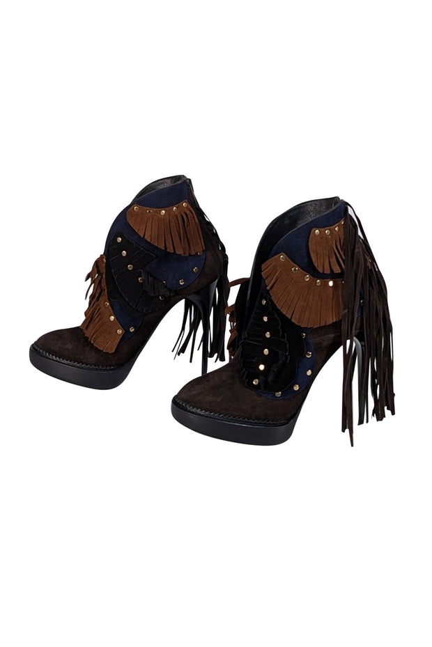 Burberry - Navy, Brown, & Black Suede Fringe Open Front Short Boots Sz 8 - Current Boutique