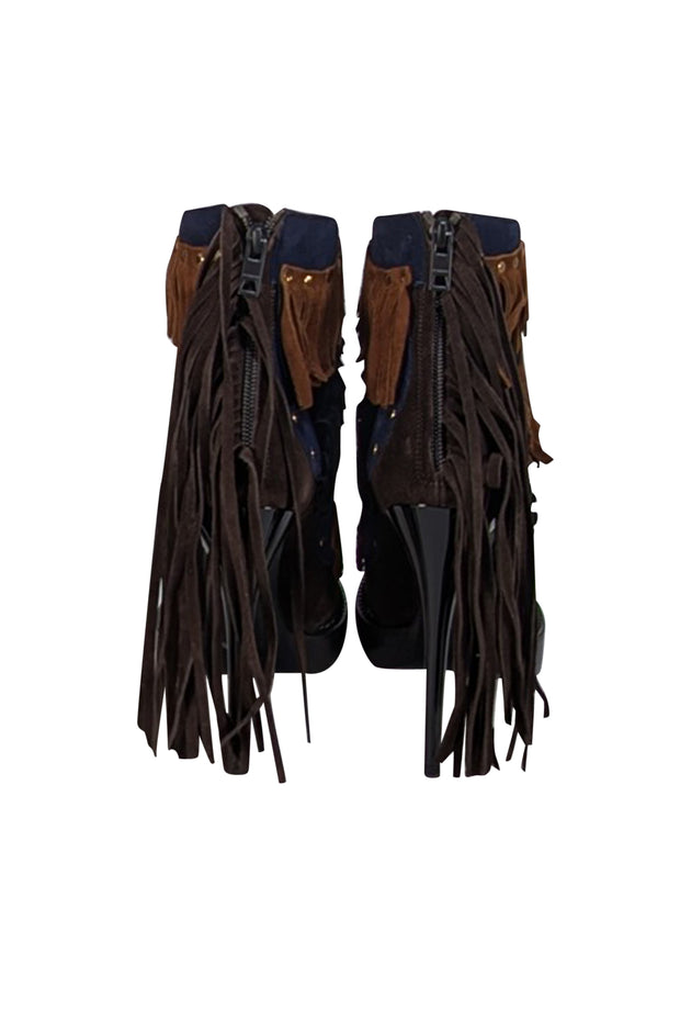 Burberry - Navy, Brown, & Black Suede Fringe Open Front Short Boots Sz 8 - Current Boutique