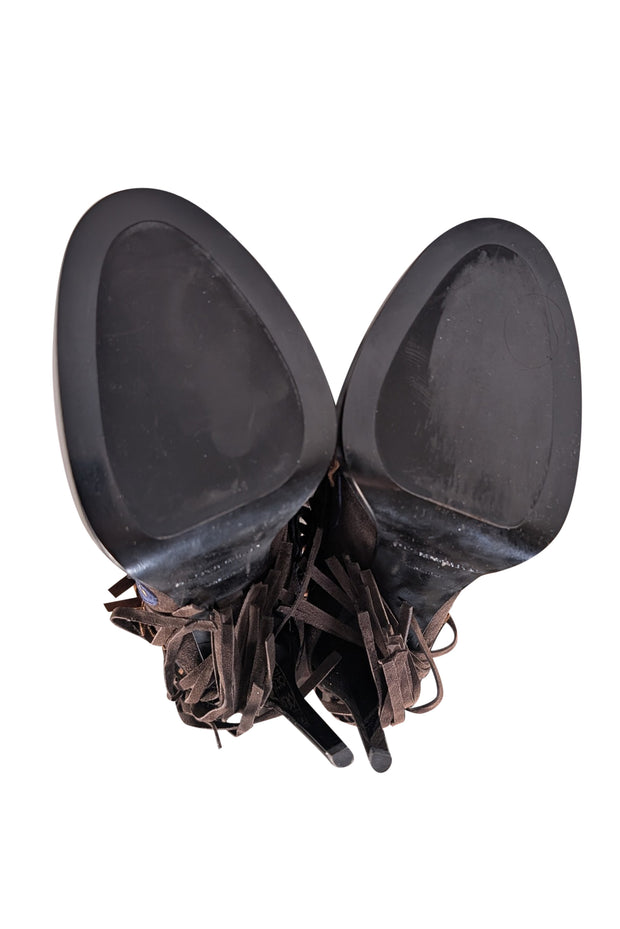 Burberry - Navy, Brown, & Black Suede Fringe Open Front Short Boots Sz 8 - Current Boutique