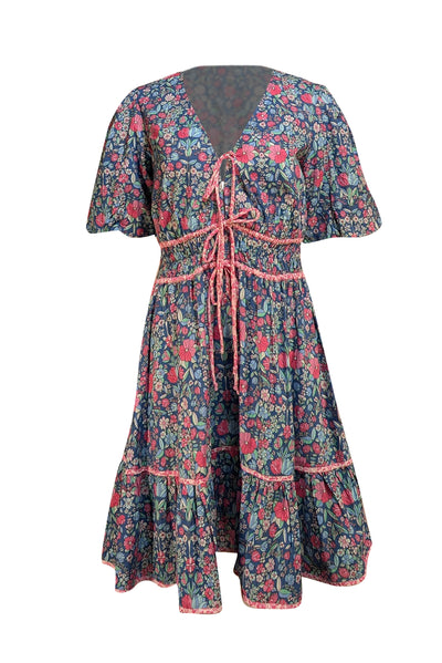 Shoshanna - Blue & Pink Floral Cotton Cropped Sleeve Dress Sz 8