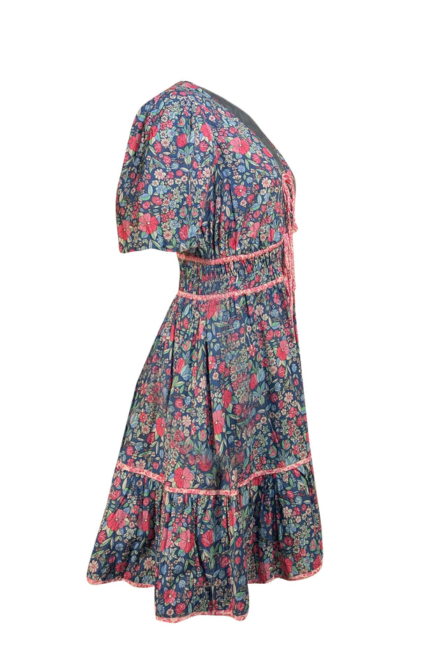 Shoshanna - Blue & Pink Floral Cotton Cropped Sleeve Dress Sz 8
