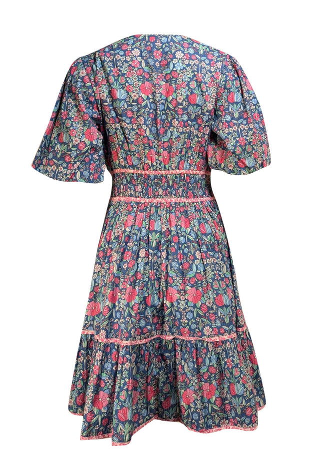 Shoshanna - Blue & Pink Floral Cotton Cropped Sleeve Dress Sz 8