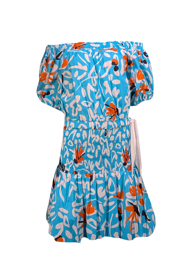 Tanya Taylor - Aqua Blue, White, & Orange Print Smock Bottom Dress Sz 10