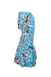 Tanya Taylor - Aqua Blue, White, & Orange Print Smock Bottom Dress Sz 10