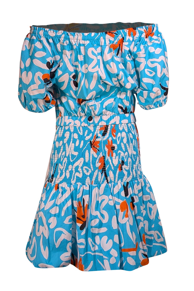 Tanya Taylor - Aqua Blue, White, & Orange Print Smock Bottom Dress Sz 10