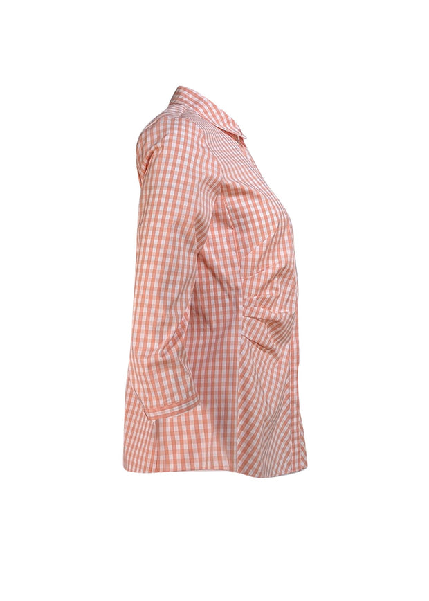 Lafayette 148 - Orange & White Gingham Ruched Button Front Shirt Sz 6 - Current Boutique