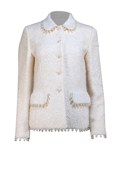 Escada - Cream Pearl Embellished Collared Blazer Sz 6 - Current Boutique