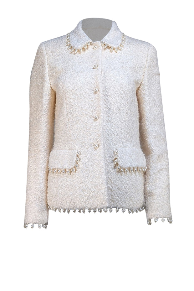 Escada - Cream Pearl Embellished Collared Blazer Sz 6 - Current Boutique