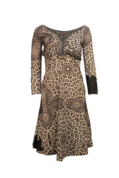 Roberto Cavalli - Grey, Cream, & Black Leopard Print Bust Cut Out Dress Sz 8 - Current Boutique