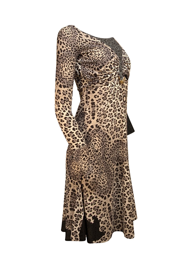 Roberto Cavalli - Grey, Cream, & Black Leopard Print Bust Cut Out Dress Sz 8 - Current Boutique