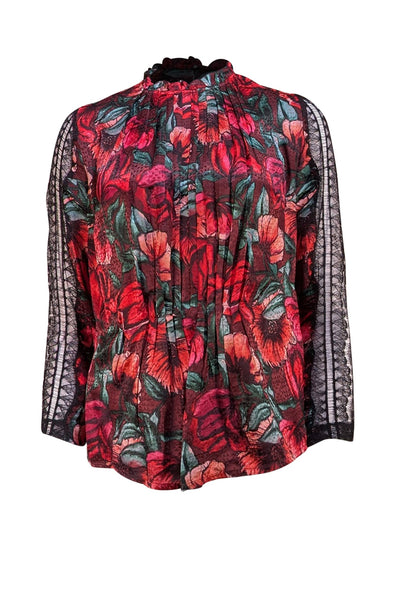 Sandro - Maroon Multi Floral Print w/ Lace Blouse Sz XS - Current Boutique