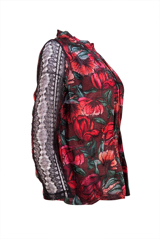 Sandro - Maroon Multi Floral Print w/ Lace Blouse Sz XS - Current Boutique